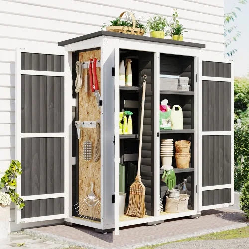 Garden Tool Shelves, Hx4.1ft White Doors, L Shed, 5.5ft Asphalt Four exterior Storage Waterproof Multiple-tier Roof, and with Cabinet Wood Gray Lockable