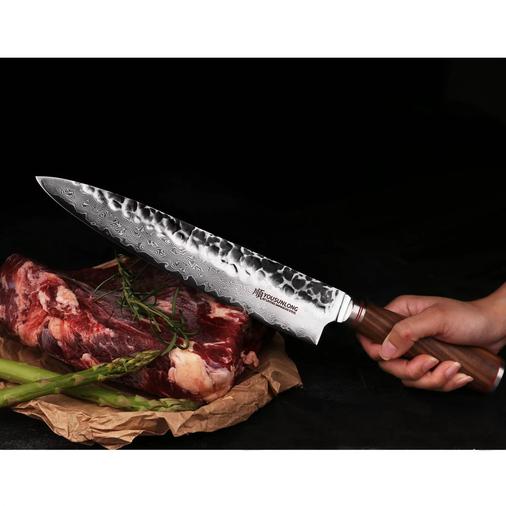 Wooden Sheath Leather inch Walnut Handle Knife YOUSUNLONG 12 Japanese Damascus Hammered Pro Steel Chef with - Gyuto Natural