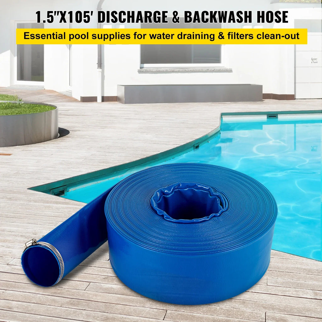 Clamps, Hose x Hose, Transfer Duty Burst-proof, Pool for climate-proof & 1-1/2" 105', Ideal Fabric Lay BENTISM liquid Backwash Heavy with Swimming Drain Discharge Flat PVC Hose, &