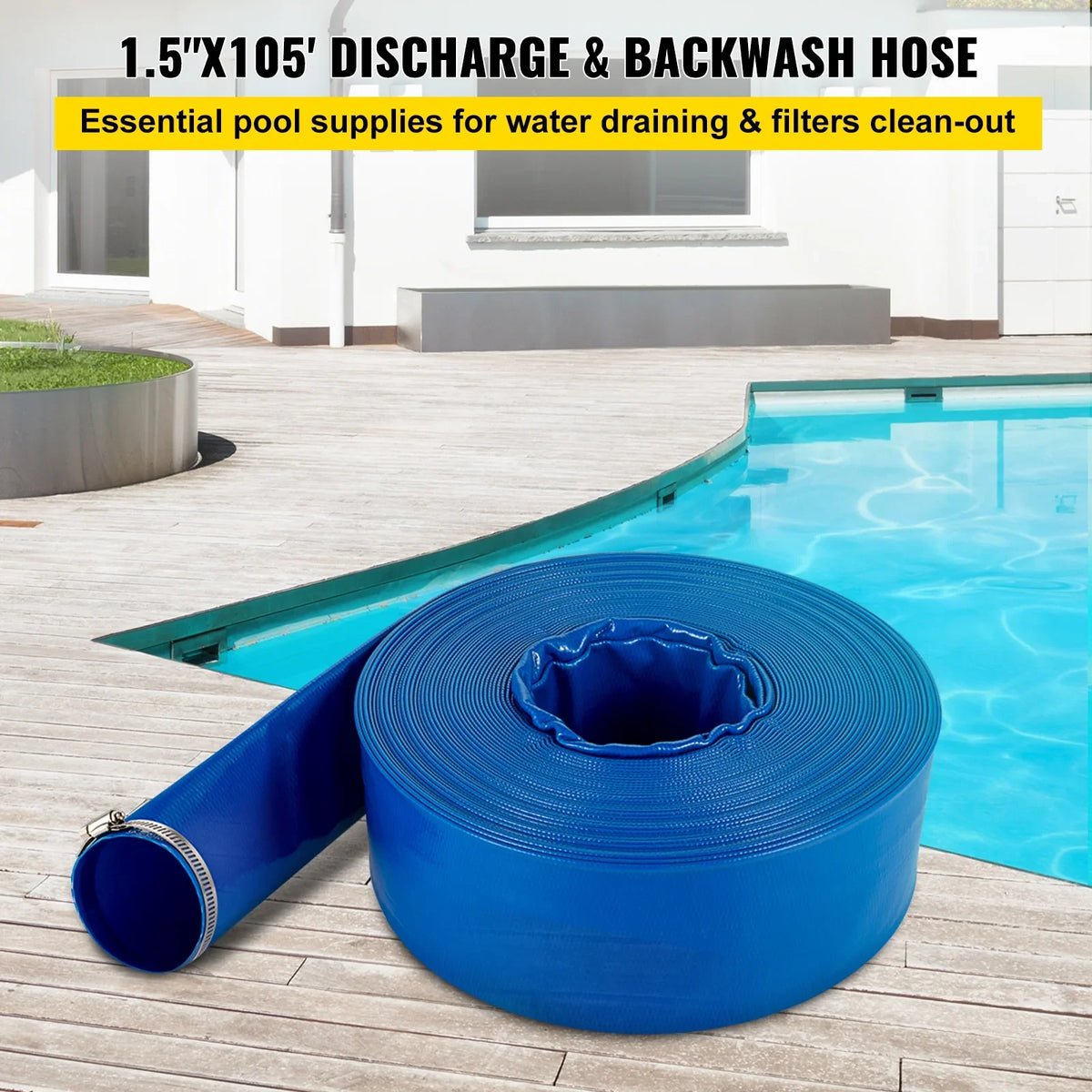 Clamps, Hose x Hose, Transfer Duty Burst-proof, Pool for climate-proof & 1-1/2" 105', Ideal Fabric Lay BENTISM liquid Backwash Heavy with Swimming Drain Discharge Flat PVC Hose, &