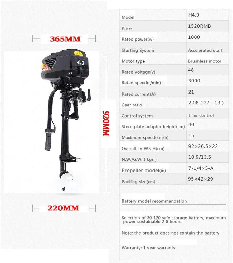 Miumaeov 4HP Heavy Start Driver Outboard Electric Marine Trolley Electric Trolling Motor, 1000W Motor Engine Propeller Motor Duty Brushless Boat Propeller Outboard