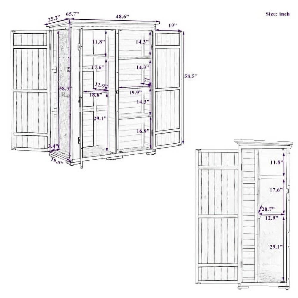 Garden Tool Shelves, Hx4.1ft White Doors, L Shed, 5.5ft Asphalt Four exterior Storage Waterproof Multiple-tier Roof, and with Cabinet Wood Gray Lockable