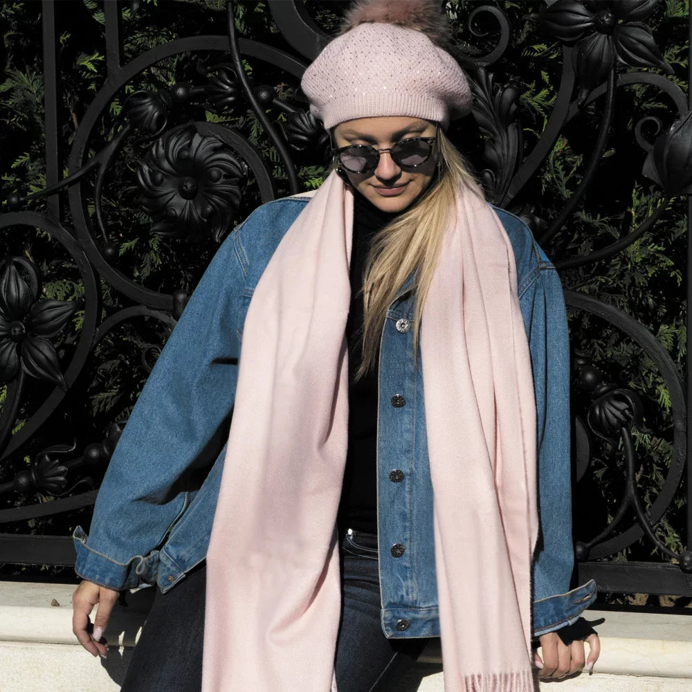 Dreamy 27.6x74.8-inch Soft Women Virgin Scarf with Tassels Warm Wool for Scarf Pink
