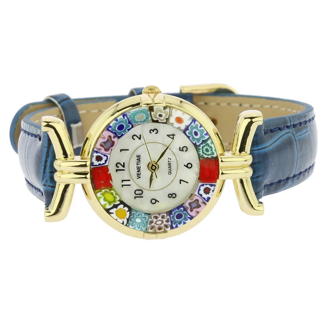Glass Blue GlassOfVenice - Murano Millefiori Band Watch Leather with Multicolor