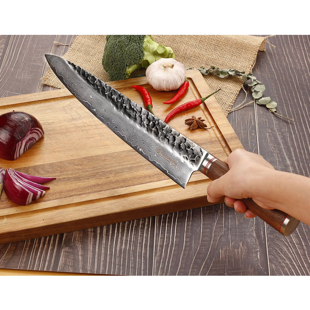 Wooden Sheath Leather inch Walnut Handle Knife YOUSUNLONG 12 Japanese Damascus Hammered Pro Steel Chef with - Gyuto Natural