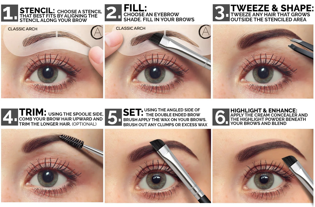 Makeup Brow Kit - & Eyebrow Duo, Spoolie/Brush Wax, Eyebrow 6 Tweezers, 16-Piece Stencils, Highlighter, 5 Aesthetica Contour Powders, Brow Concealer Palette Eyebrow - Instructions