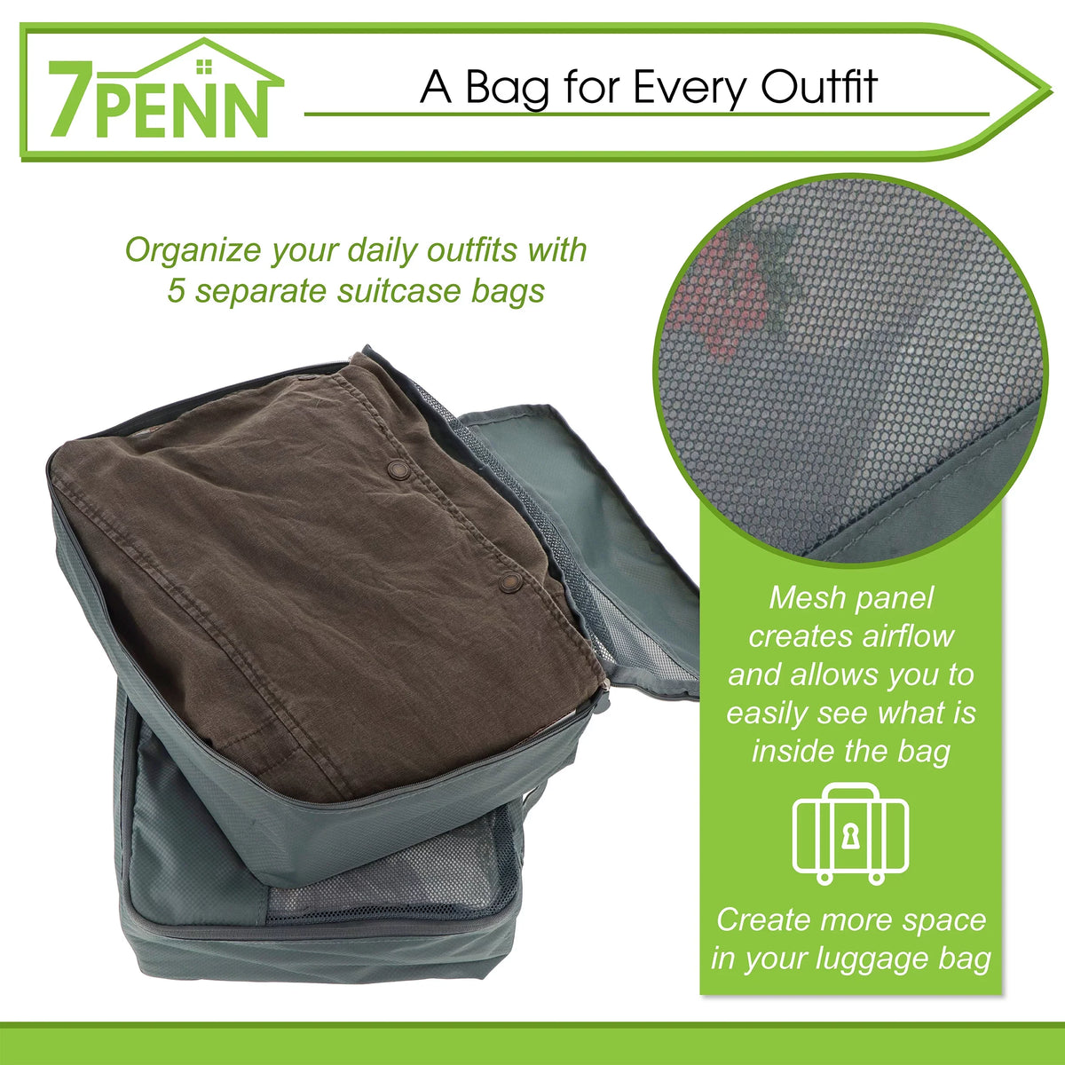 Luggage Organizers 7Penn Packing Cubes for 5pk Black Travel Set - Premium