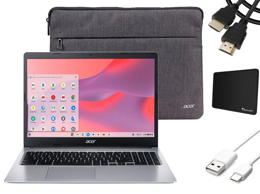 OS, Intel HD Long with Laptop, Chrome 5, 315 Battery Sleeve Accessories + Wi-Fi Bluetooth, 64GB Tigology LPDDR4, 4GB eMMC, Celeron Acer Chromebook N4020, Life, 15.6" Silver Display,