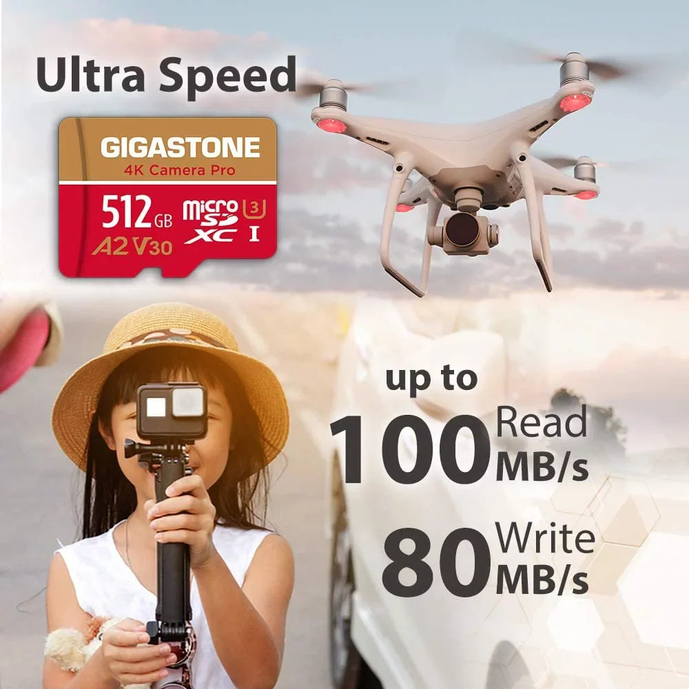 with GoPro A1 R/W MB/s, Video SDXC Recording, compatible Nintendo 10 Gigastone V30 up 512GB UHS-I Class to Micro SD Camera Card, 4K 4K Cameras, Cam, 100/60 Dash Micro Pro, Switch,