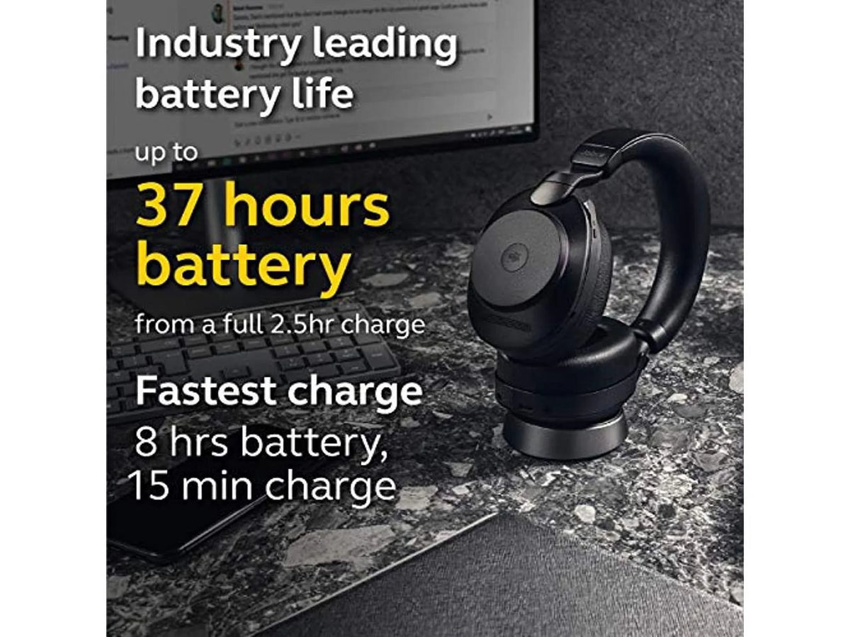 Black - Link380a, Stereo, Battery 37 Cancelling of Hours Headphones Jabra Evolve2 Noise Headset Life, Calls 85 Wireless UC for Music, Wireless Advanced Bluetooth and Headphones with