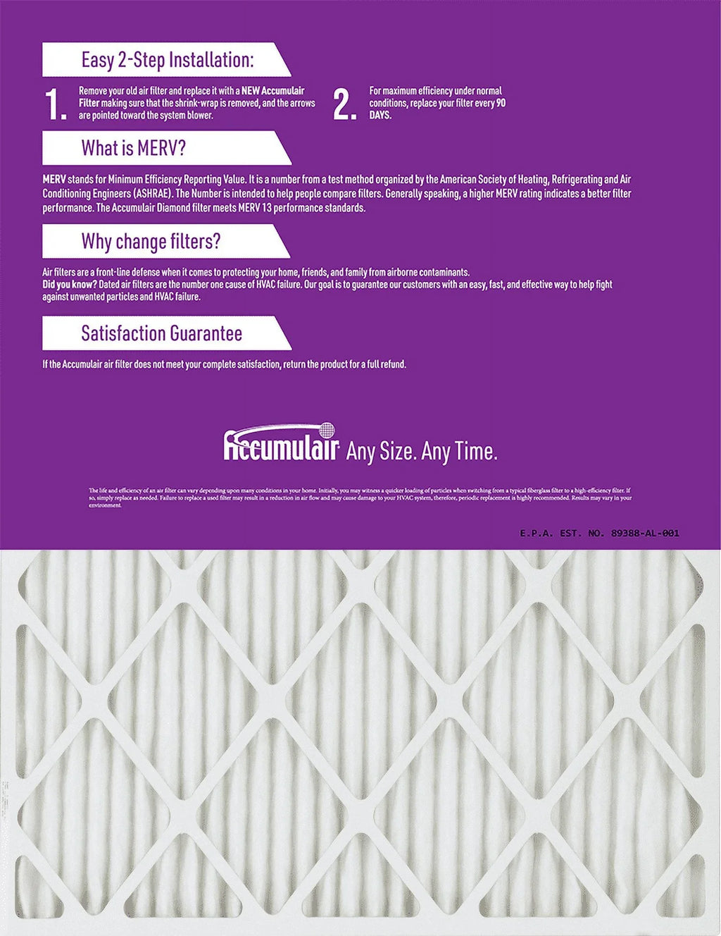 Filters (6 pack) 16x20x1 MERV Accumulair 13 Air/Furnace Diamond