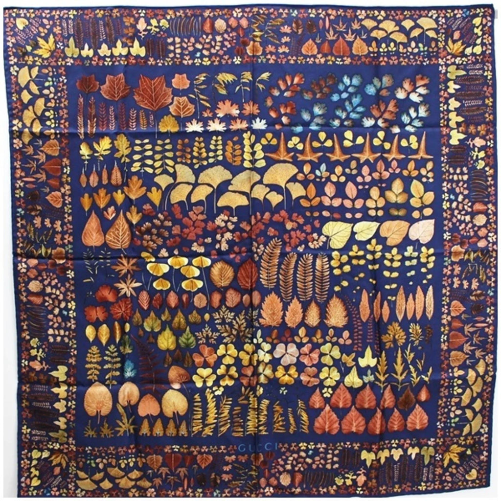 Brown Leaves Pre-Owned Navy (Good) Muffler Silk Fallen Ladies Pattern Scarf x