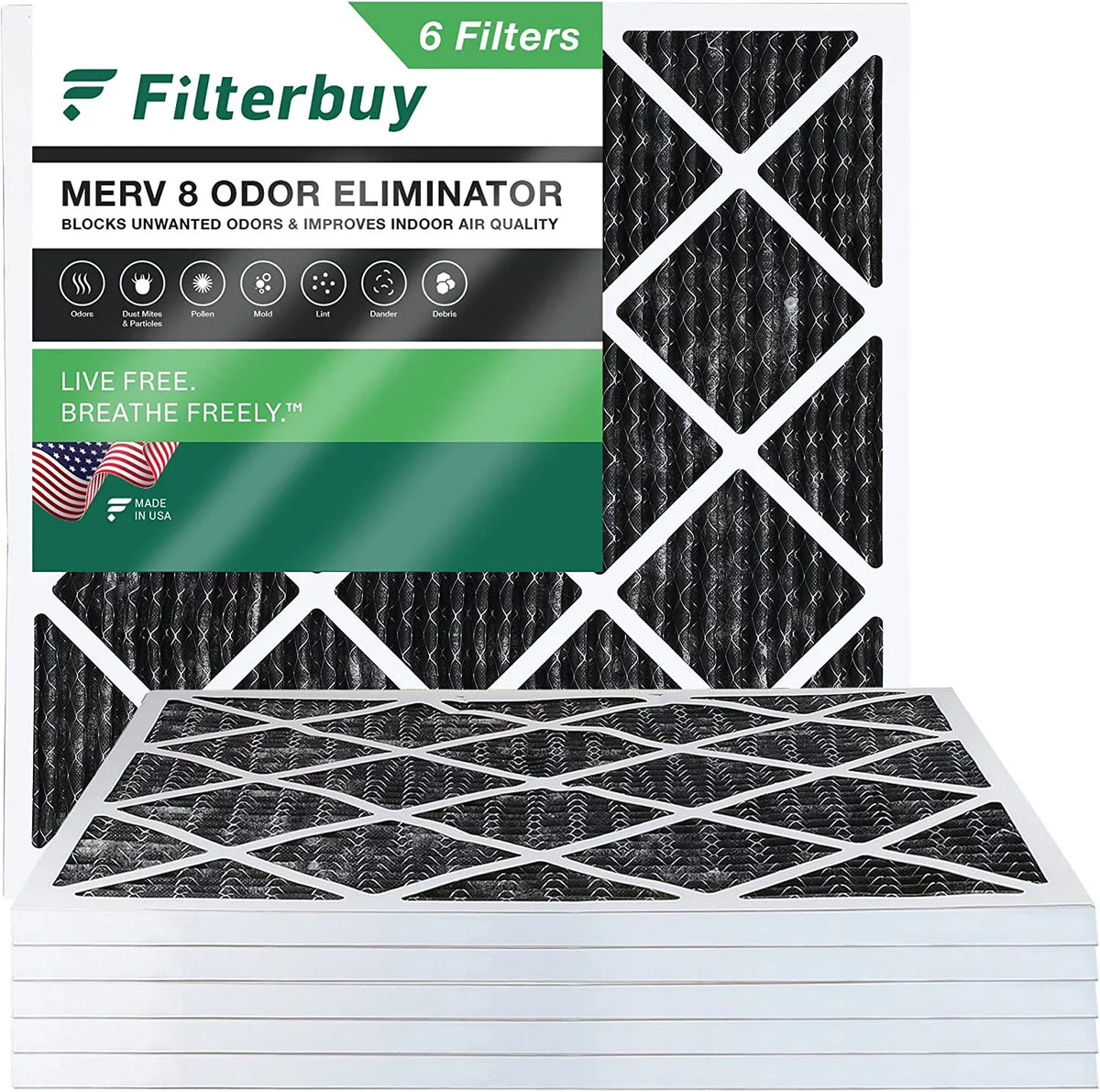 8 Filterbuy (6-Pack) HVAC MERV Eliminator Pleated Carbon Furnace Filters 25x25x1 Air Odor Activated AC with