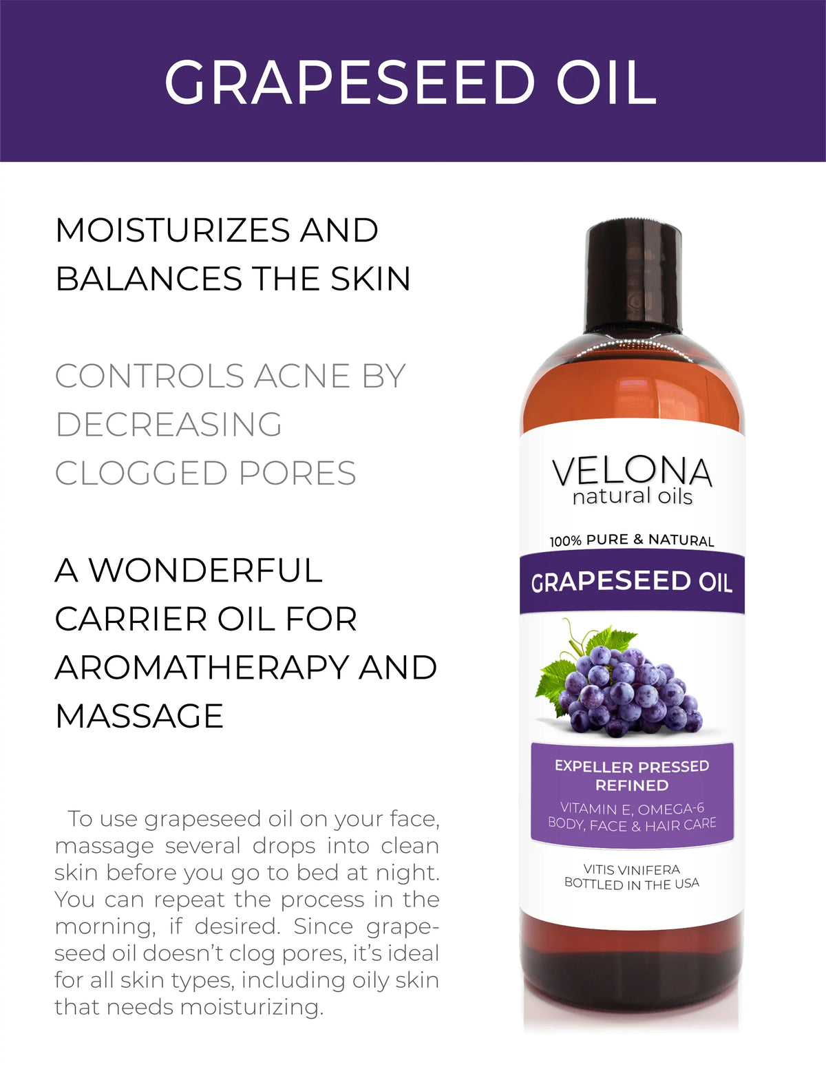 Velona Natural - Body, oz | Face, 32 | 100% Grapeseed Carrier pressed Skin, | Refined, and Cold Hair Care Oil Oil Pure Cooking,