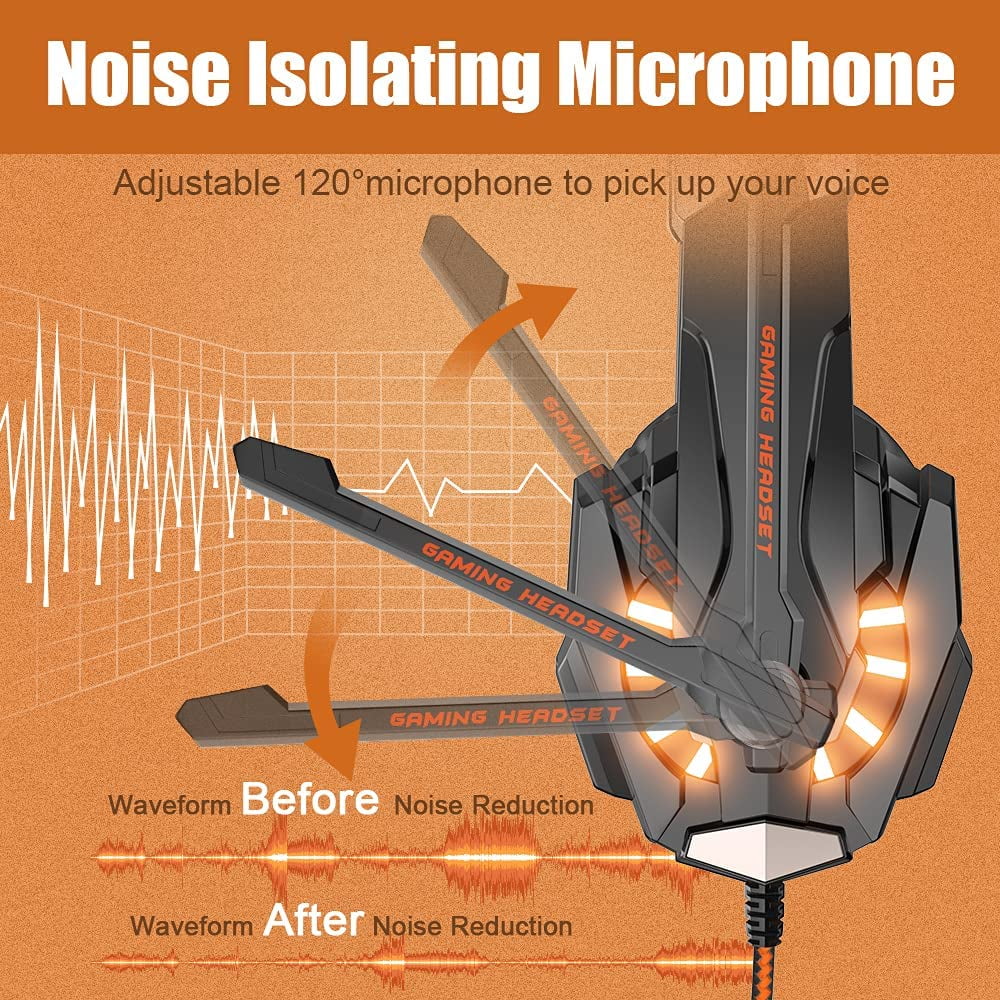 Over One Soft Bass Gaming Xbox PC, for Memory with G9000 Cancelling Noise Mic, Headset Controller, Surround, PS4, Headphones Ear Earmuffs Light, LED Stereo (Orange) BENGOO