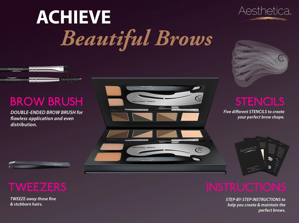 Makeup Brow Kit - & Eyebrow Duo, Spoolie/Brush Wax, Eyebrow 6 Tweezers, 16-Piece Stencils, Highlighter, 5 Aesthetica Contour Powders, Brow Concealer Palette Eyebrow - Instructions
