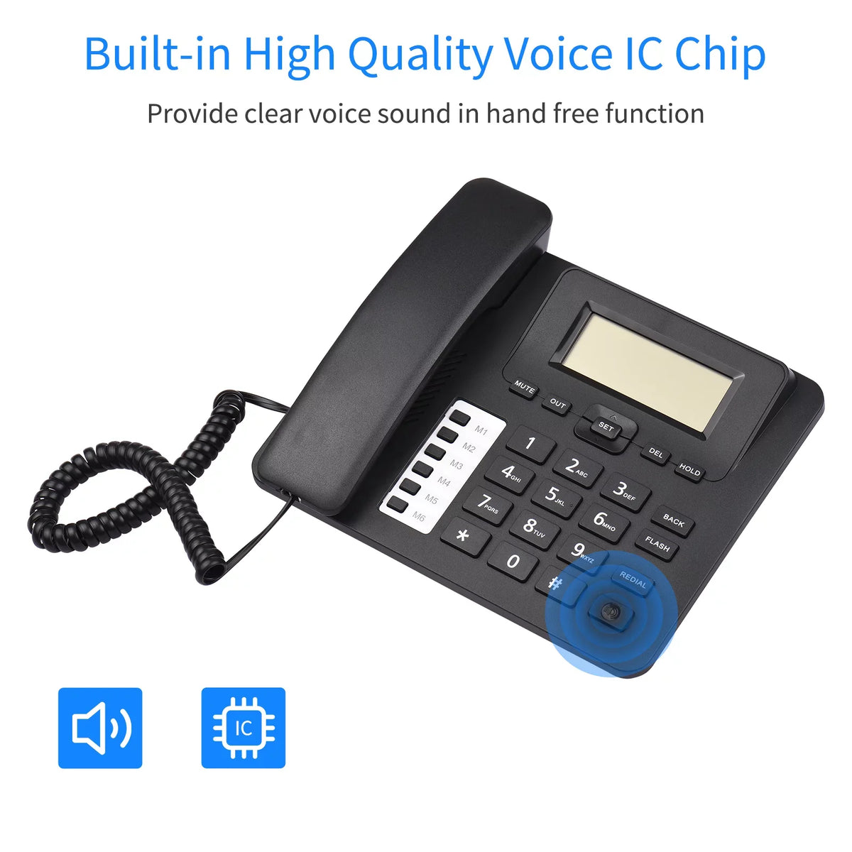 Elderly Landline Hands-Free/Redial/Flash/Speed Desk Sound Control for IC Black Dual Home Real-time Date Seniors Support Corded DTMF/FSK Built-in System Dial/Ring Meterk Phone Chip Telephone Phone