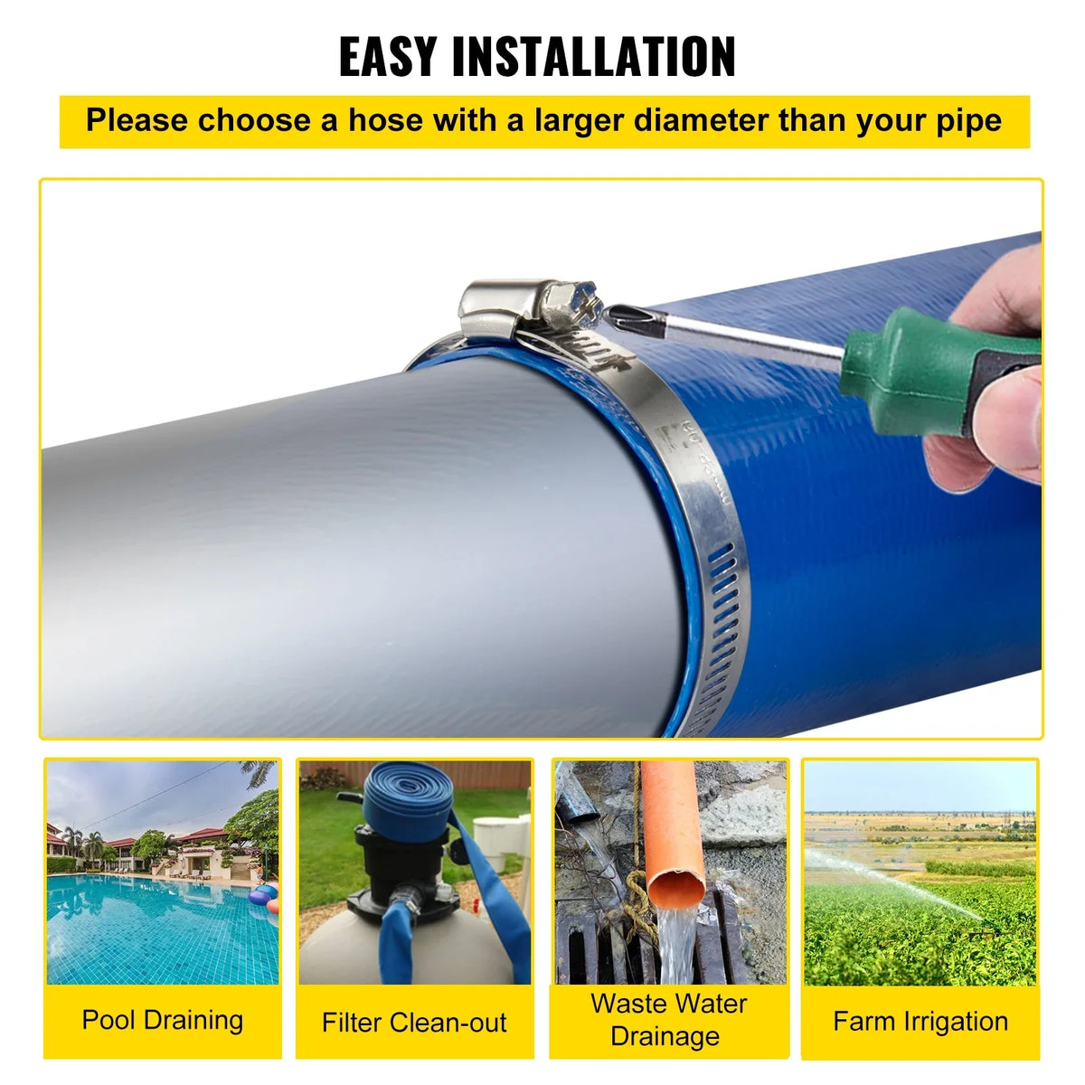 Clamps, Hose x Hose, Transfer Duty Burst-proof, Pool for climate-proof & 1-1/2" 105', Ideal Fabric Lay BENTISM liquid Backwash Heavy with Swimming Drain Discharge Flat PVC Hose, &