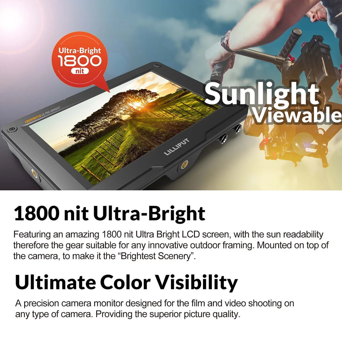1800nit 3G-SDI Output & Monitor for LILLIPUT 7 Input Brightness Resolution HDR Viewable Support Creating H7S Full with HD Inch On- Taking Movi Ultra 4K- 3D-LUT Functions Photos Sunlight 4K &