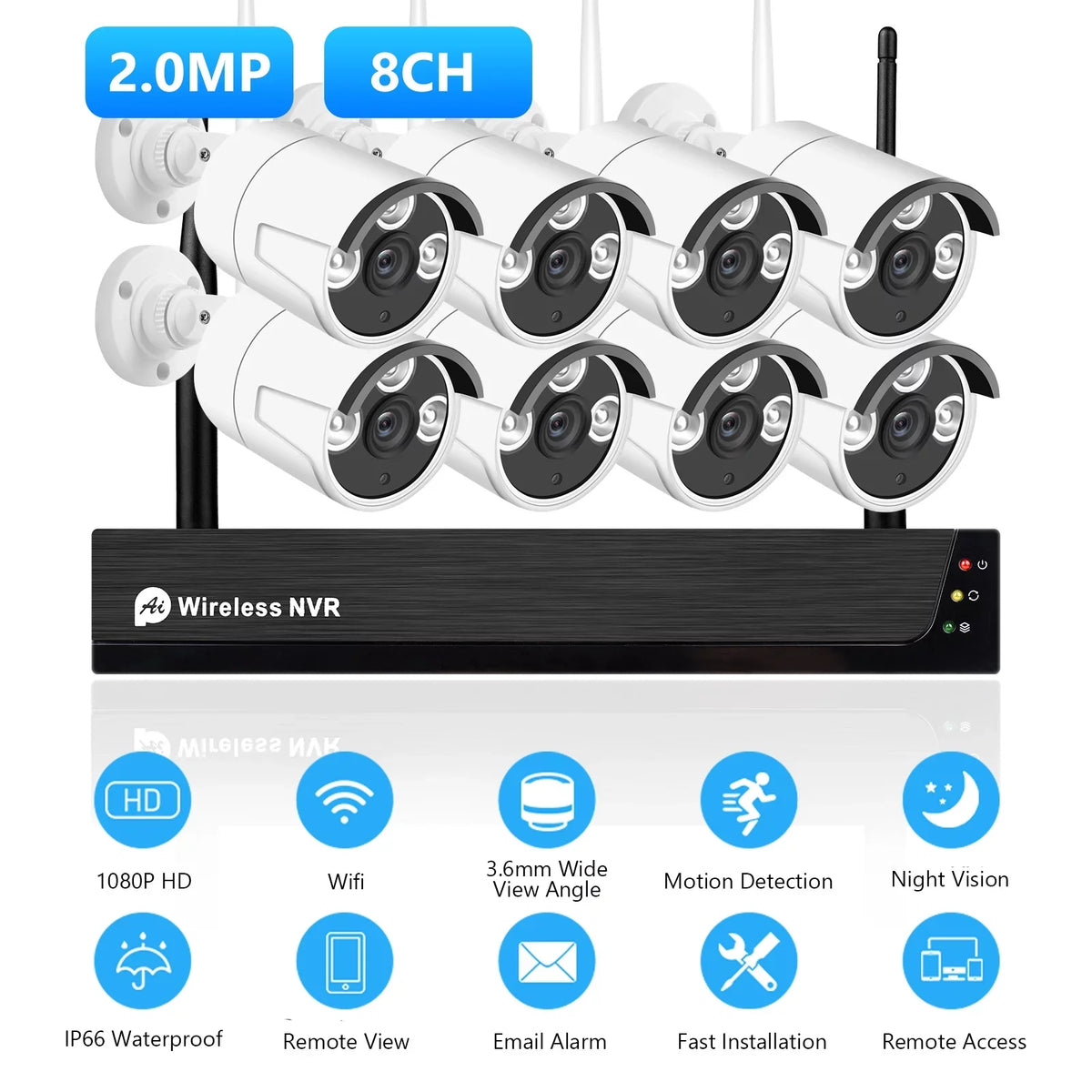 Alert, with Night Camera System, Motion NVR Hard MIXFEER Indoor 1080P Vision, Tuya Smart Cameras Wireless Remote 1080P 2.0MP 8PCS Drive IP CCTV No + 8Channel 8CH 1080P exterior App Access,