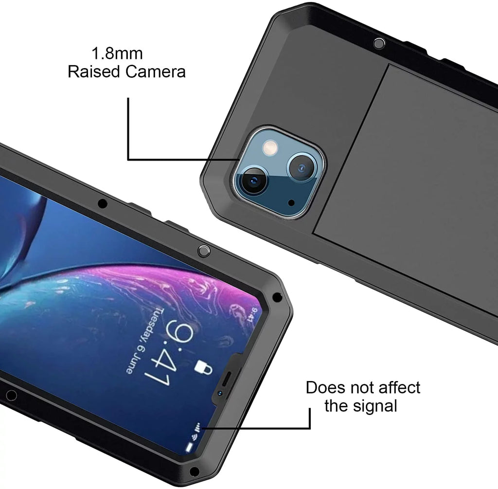 Gorilla iPhone Travel Military Heavy Rugged Case Pro Scratch Resistant Glass Protection, Aluminum and 14 Shockproof exterior (Black) Grade Metal Duty