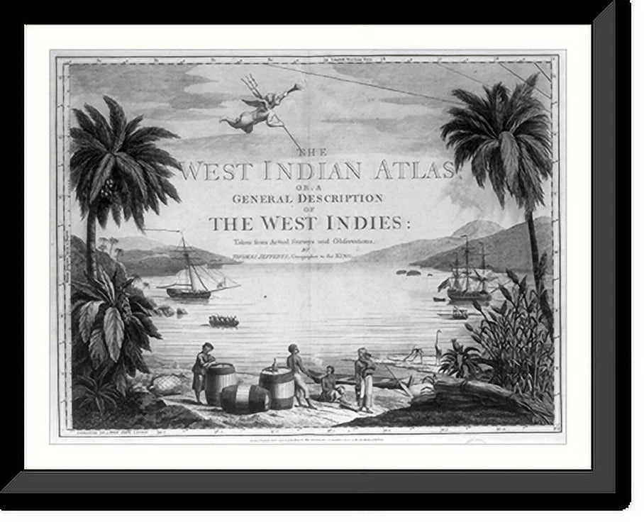and x Historic British ships harbor], Indies two a Natives in Framed the and large scene [A West three in sailor showing casks, beach 17-7/8" the 21-7/8" Print, with the on