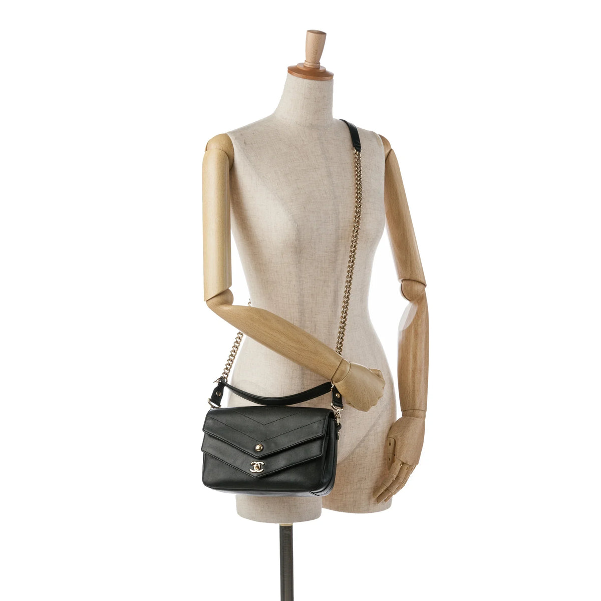 Pre-Owned Black (Good) Elaphe Flap Authenticated Chevron Double Satchel skin Leather Calf Unisex