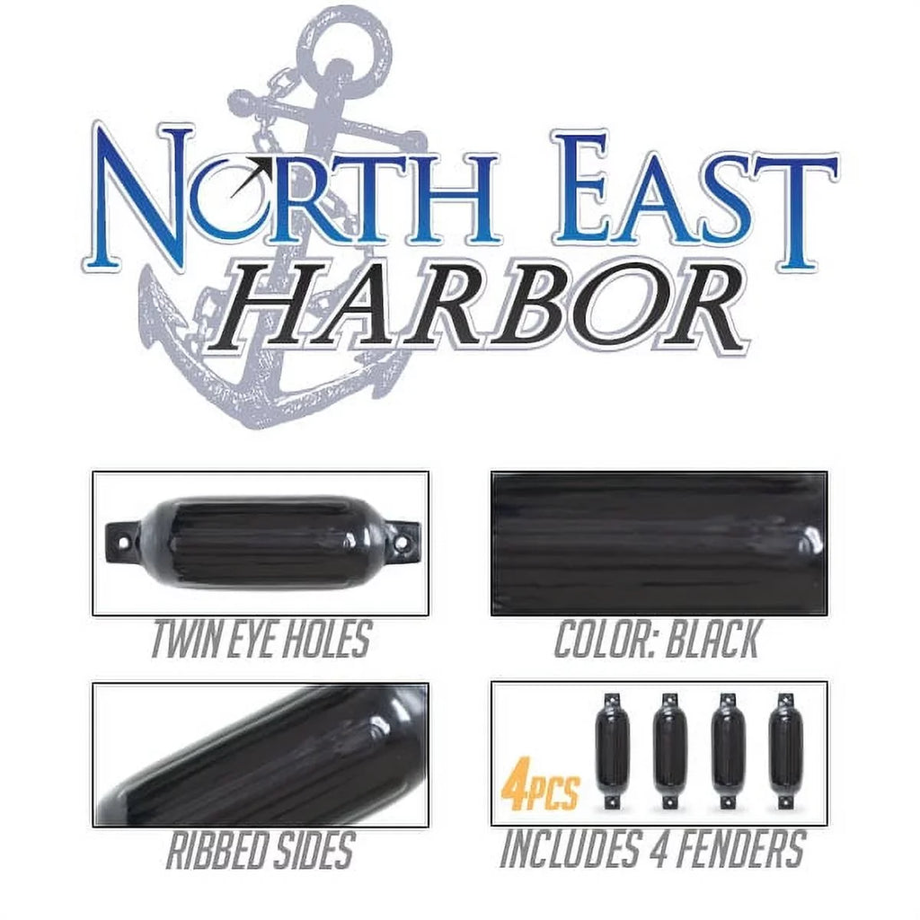 North 4516TB in. Piece Twin Pontoon Harbor Eye Fender, 16 - 4 Ribbed Black x Boat East 4.5