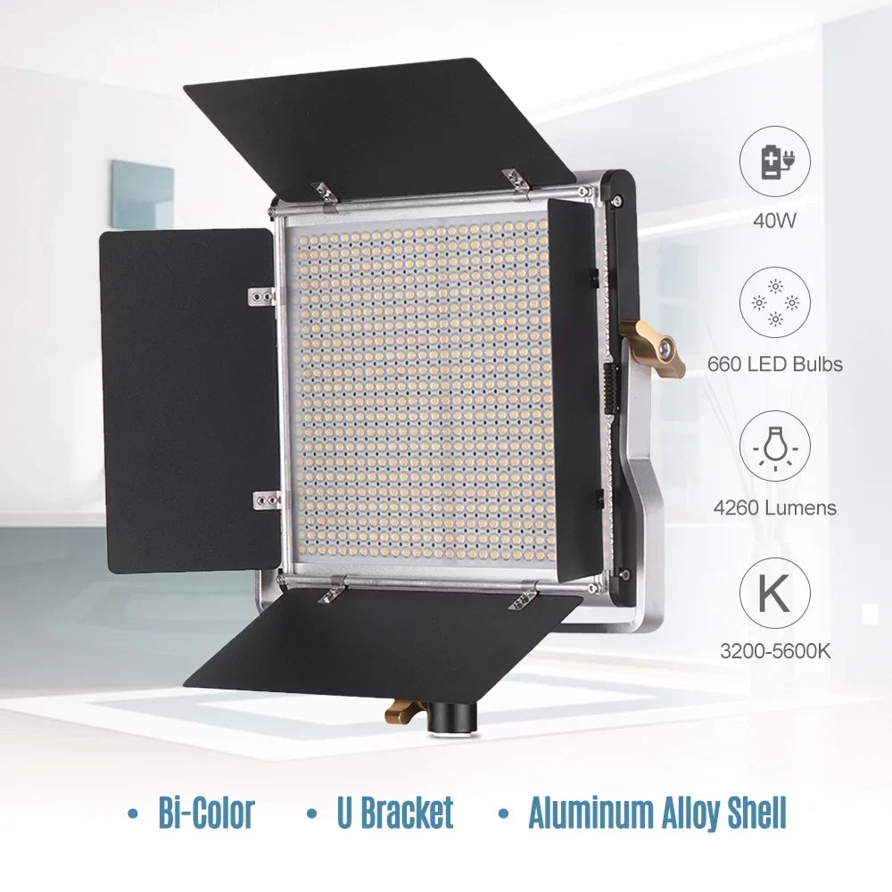 660 Kit Panel Panel Lamp,U Video Video U Studio Kit Bi-Color 3200-5600K Barndoor L-ED Dimmable 660 CRI Video L-ED Andoer-2 Studio Barndoor Photography CRI Professional Kit 85+ Bi-Color 3200-5600K