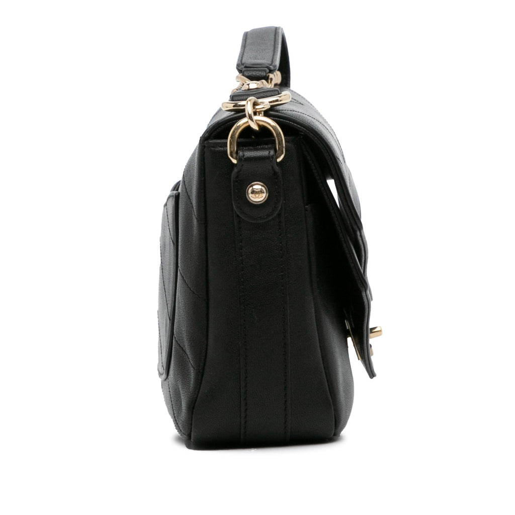 Pre-Owned Black (Good) Elaphe Flap Authenticated Chevron Double Satchel skin Leather Calf Unisex