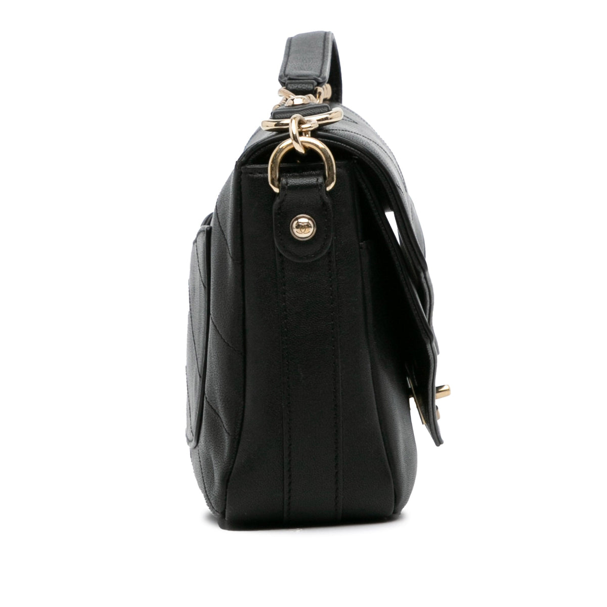 Pre-Owned Black (Good) Elaphe Flap Authenticated Chevron Double Satchel skin Leather Calf Unisex