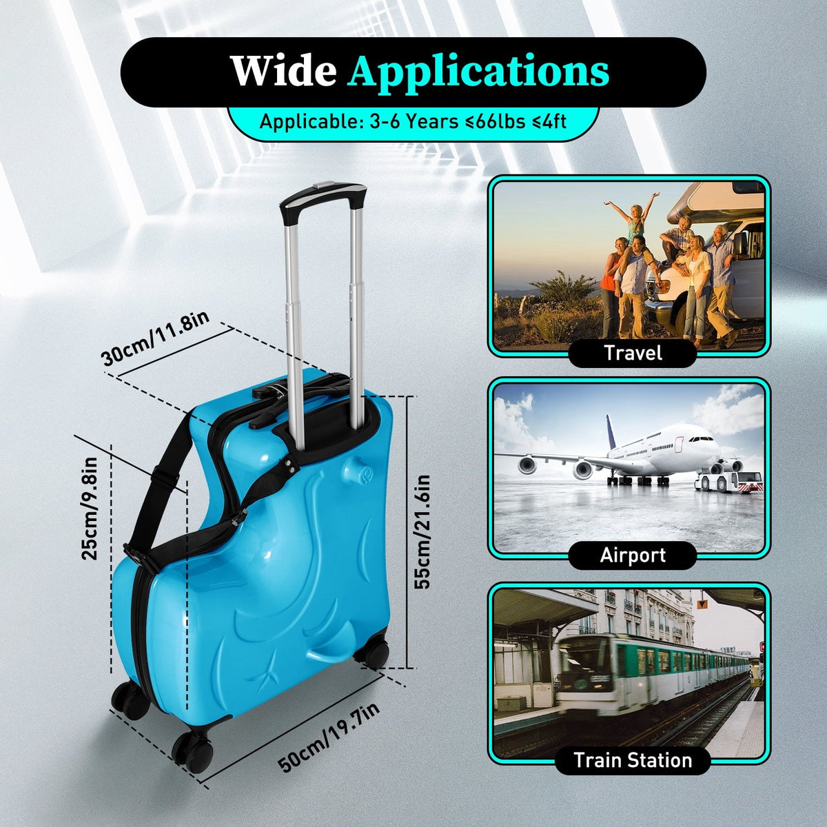 Horse Blue Kids 20" Kids Travel Shape Spinner Suitcase, Wheels Luggage Ride Trolley Suitcase AIQIDI Portable On