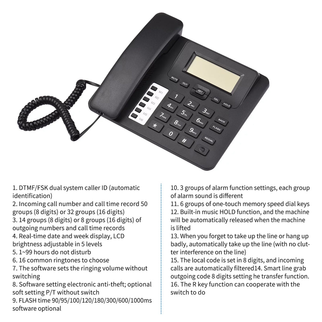 Elderly Landline Hands-Free/Redial/Flash/Speed Desk Sound Control for IC Black Dual Home Real-time Date Seniors Support Corded DTMF/FSK Built-in System Dial/Ring Meterk Phone Chip Telephone Phone