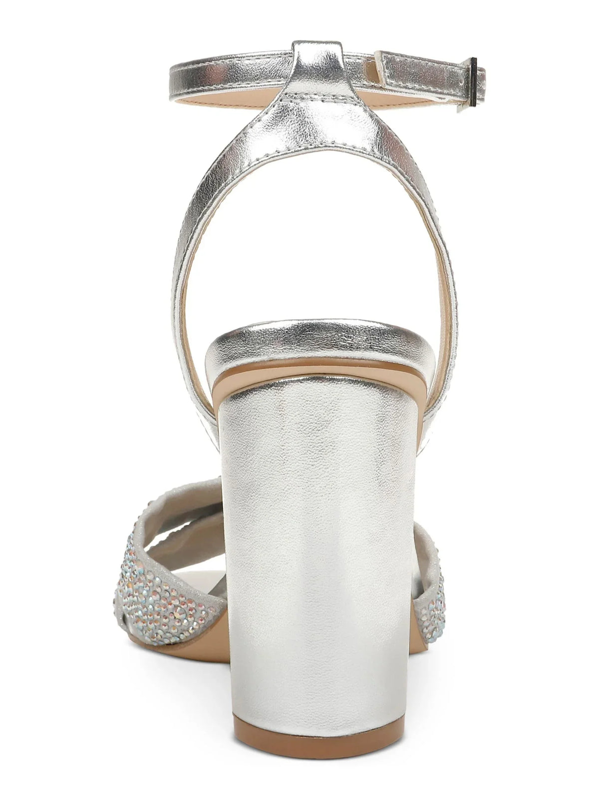 Metallic outfit Heel Silver Round M Sandal Womens Buckle Strap Heeled Strap Adjustable 7.5 Strap BADGLEY Block Nicoline Toe JEWEL MISCHKA Padded Ankle Rhinestone Twisted