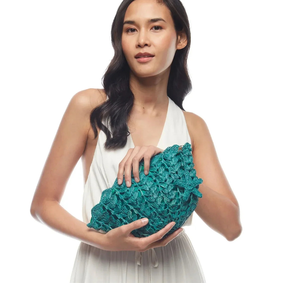 Mar Starfish Raffia w Seashell Crocheted Charm, Y Clutch Shelley Straw Aqua Sol