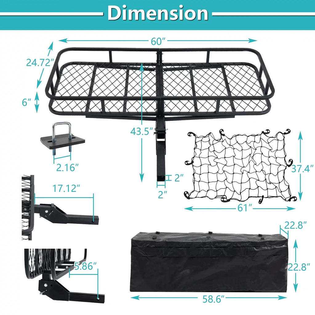 Car 60" Capacity Black 6" Hitched 500lb Cargo Net, Trailer, for 24" SUV Truck Mounted Basket with Folding x Cargo x