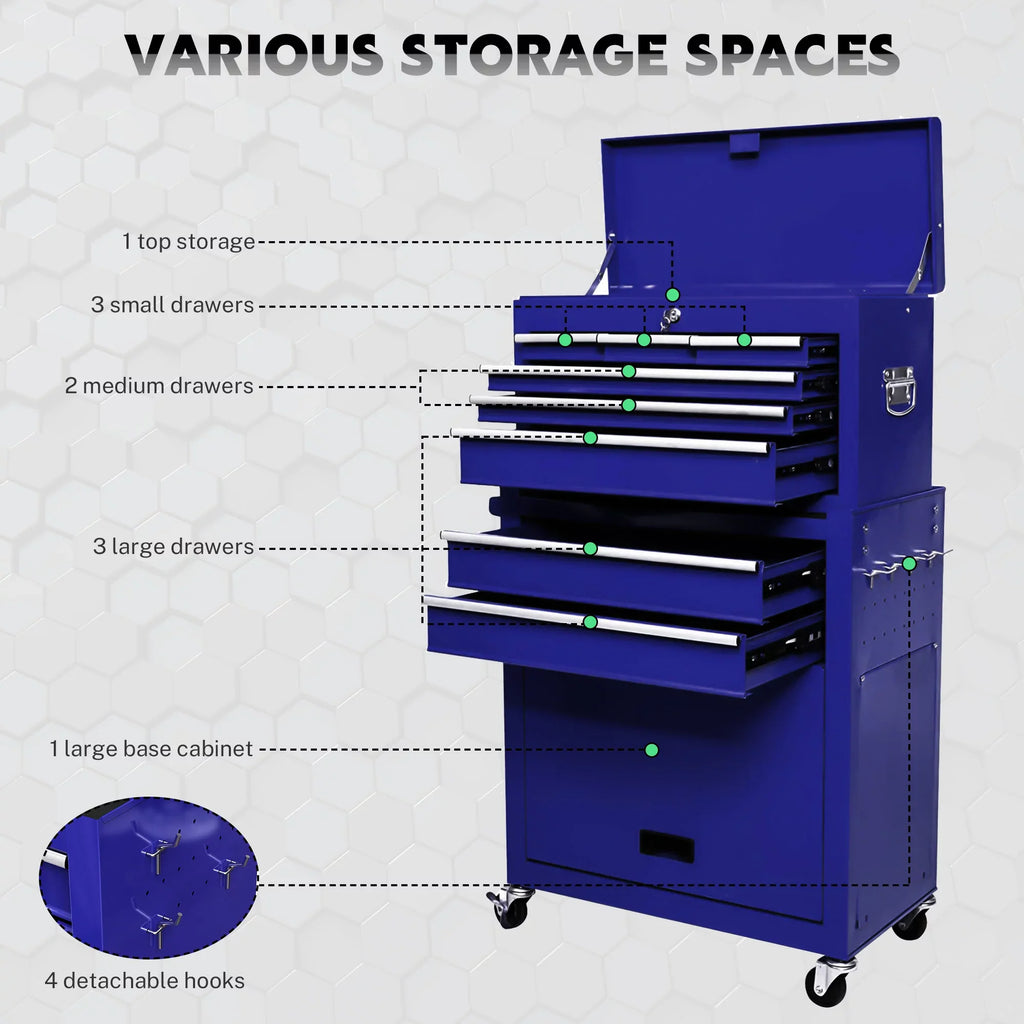 Organizer Drawers, with Capacity Wheels Hidden Tool 2-IN-1 Chest 8 Double Rolling Sliding with Lockable Blue Large Drawers, Tool & Box Cabinet Drawers, Tool with Chest Box, Tool On