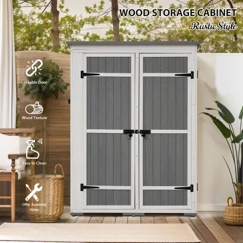 Garden Tool Shelves, Hx4.1ft White Doors, L Shed, 5.5ft Asphalt Four exterior Storage Waterproof Multiple-tier Roof, and with Cabinet Wood Gray Lockable