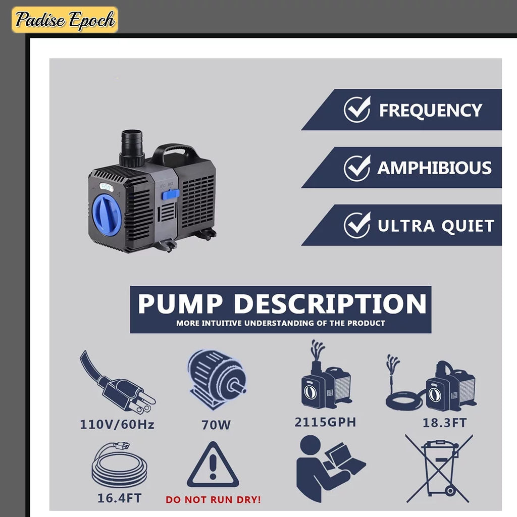 Aquarium Adjustable Tank 2115GPH liquid Big Salt Fresh Submersible Pummp Filter Fish With Pond Waterfall Fountain Frequency Flow Inline Ceramic Shaft