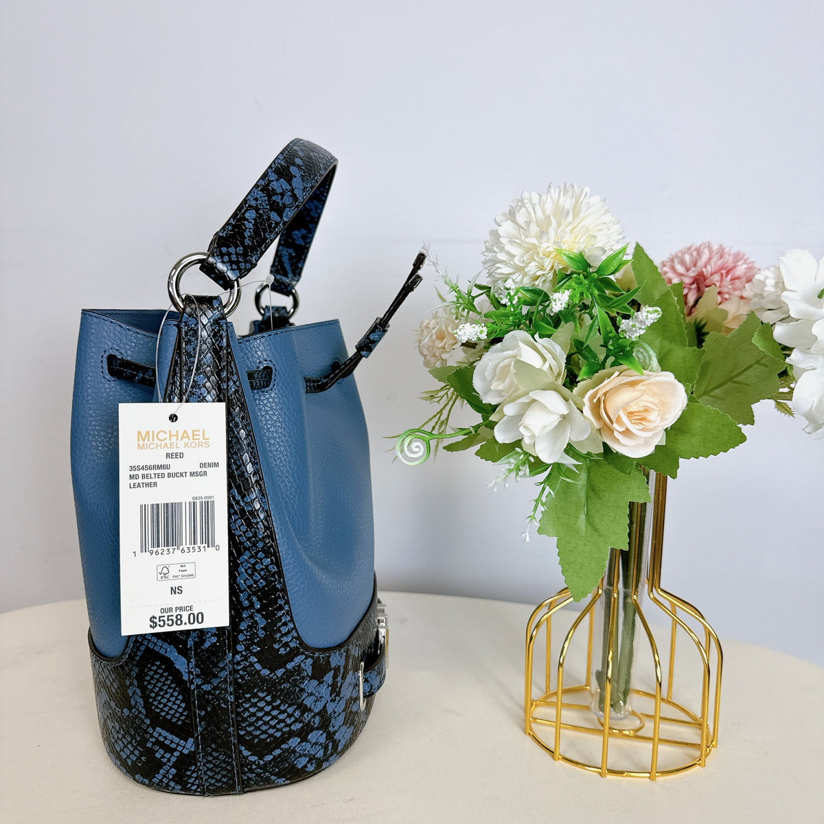 Leather Reed Kors 35S4S6RM6U IN Messenger DENIM Bucket Michael Medium Crossbody Belted