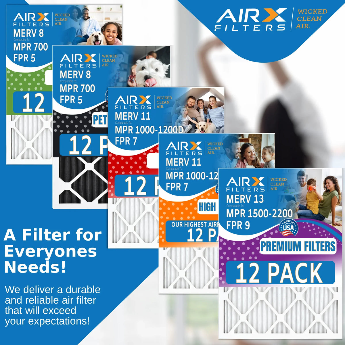 Made CLEAN & 1000, Rating, USA AIR. WICKED MERV by of - FPR 1200 Comparable 12 24x25x1 FILTERS Pack MPR 7 Filter 11 Air Filters MPR AIRX to Furnace in