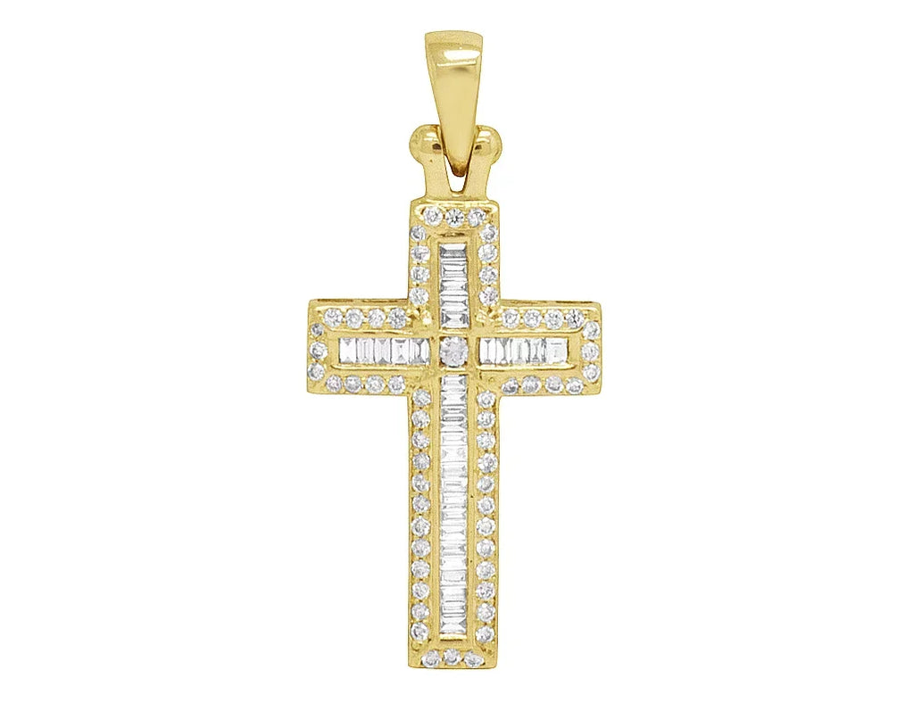 0.4CT Baguette 14K Yellow Gold Diamond Cross 1.25"