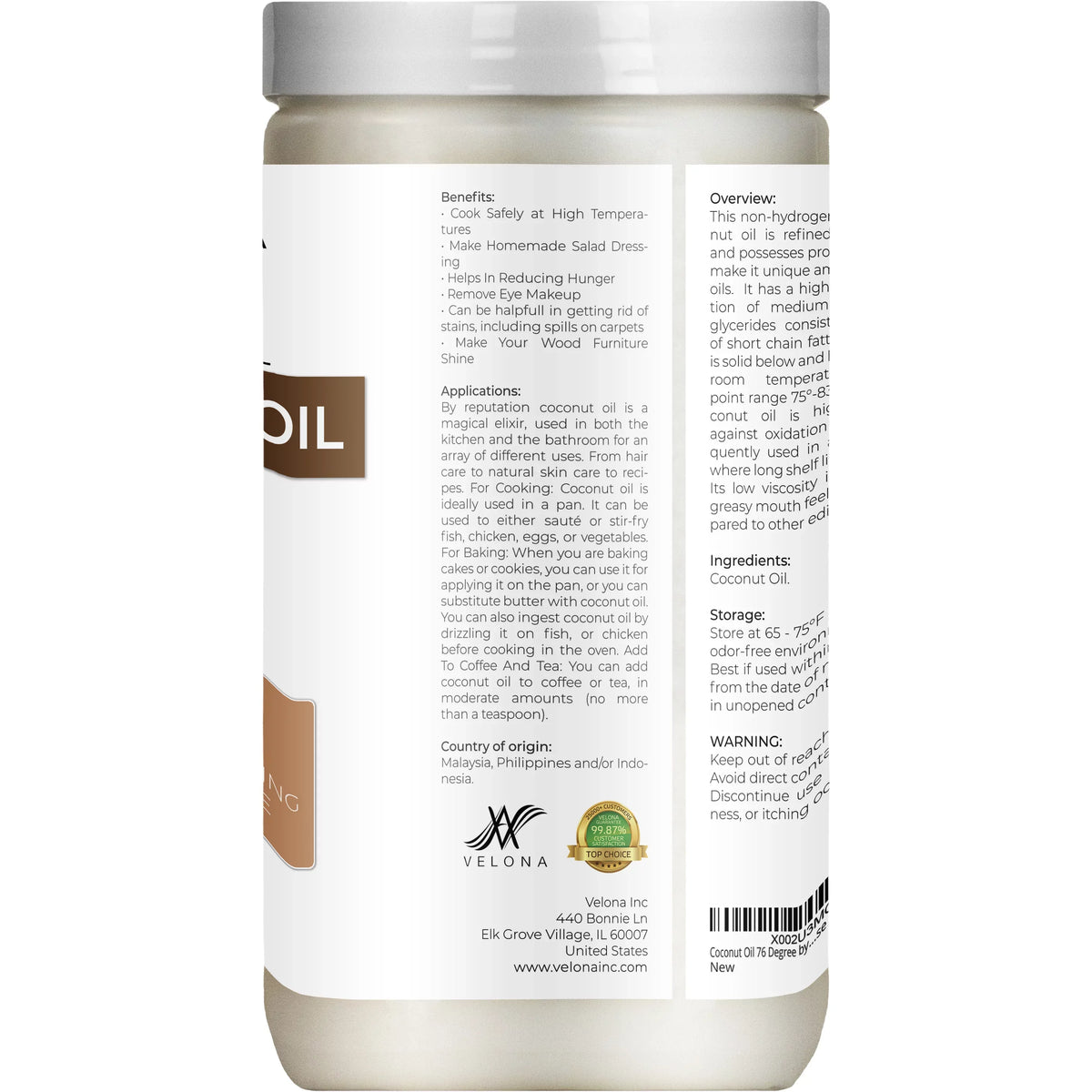 Care Degree Skin, and Body, 48 Refined, Oil Coconut Cold in Pure oz pressed | Natural | Carrier Oil - | Hair Velona 76 Face, jar 100% |