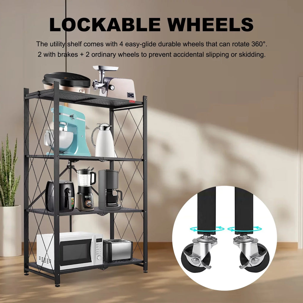 Office Cart Organizer, & - Shelf Kitchen for with Collapsible Storage Pantry Shelving Closet Decor Storage Shelves, Books Room Black Rolling 4-Tier - Unit Foldable Wheels Metal Display,