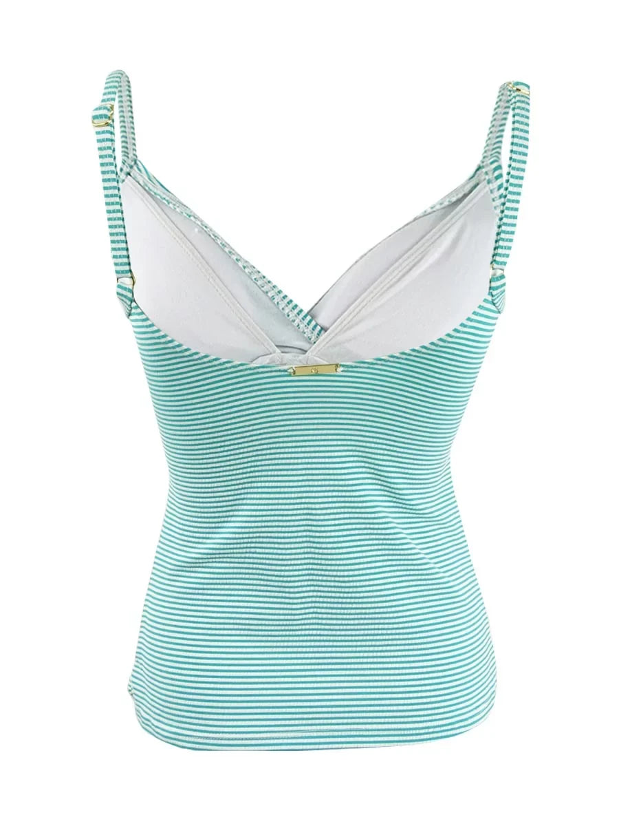 Cups RALPH Seersucker LAUREN Women's Aqua Adjustable Striped Top Lined Surplice Ruffled Tankini 6 Removable Swimsuit LAUREN