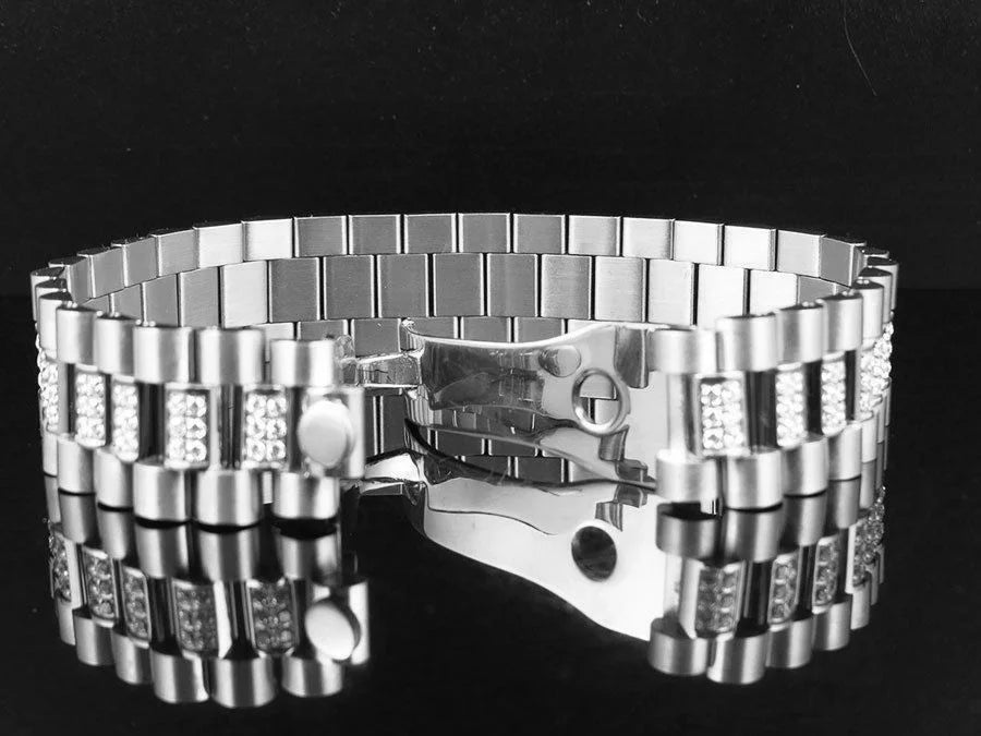 Mens White Finish Diamond Gold Bracelet Presidential Stainless Lab Steel (18MM)