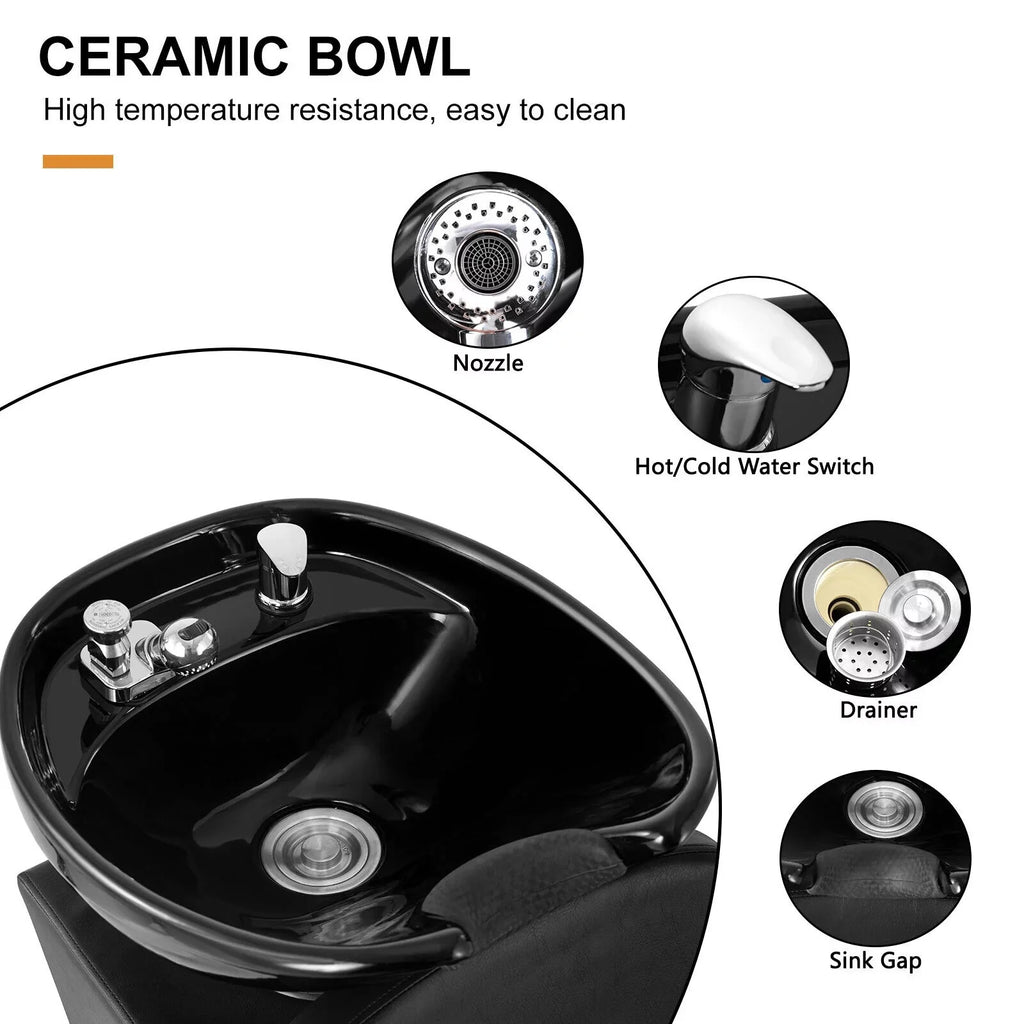 Shampoo Bowl, Footrest Black and Bowl Chair Backwash Adjustable Sink Salon Hand Tattoo Beauty Ceramic Artist Spa with
