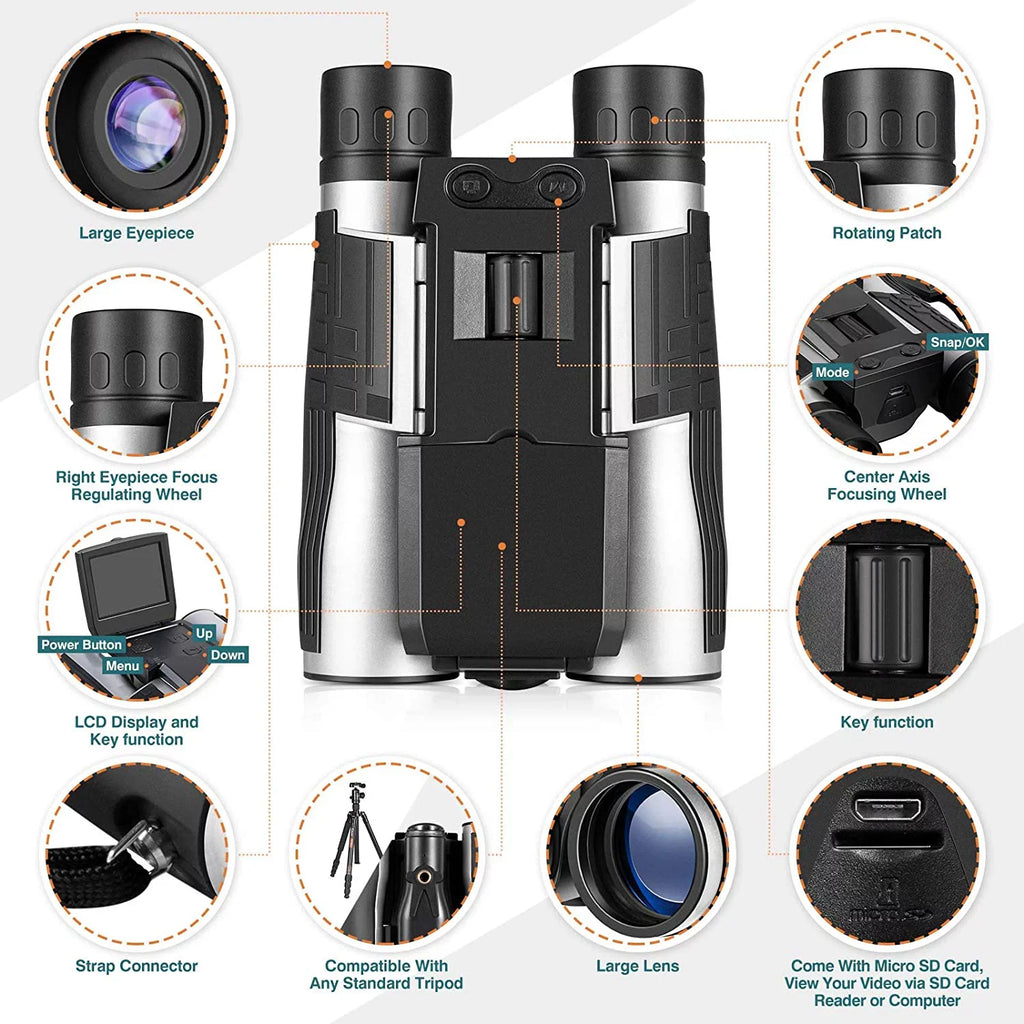 Zoom LCD Watching 2" Binocular Photo Bird with 5M Video Recorder 32GB Camonity Football Camera for Game 12X Digital Camcorder Concert
