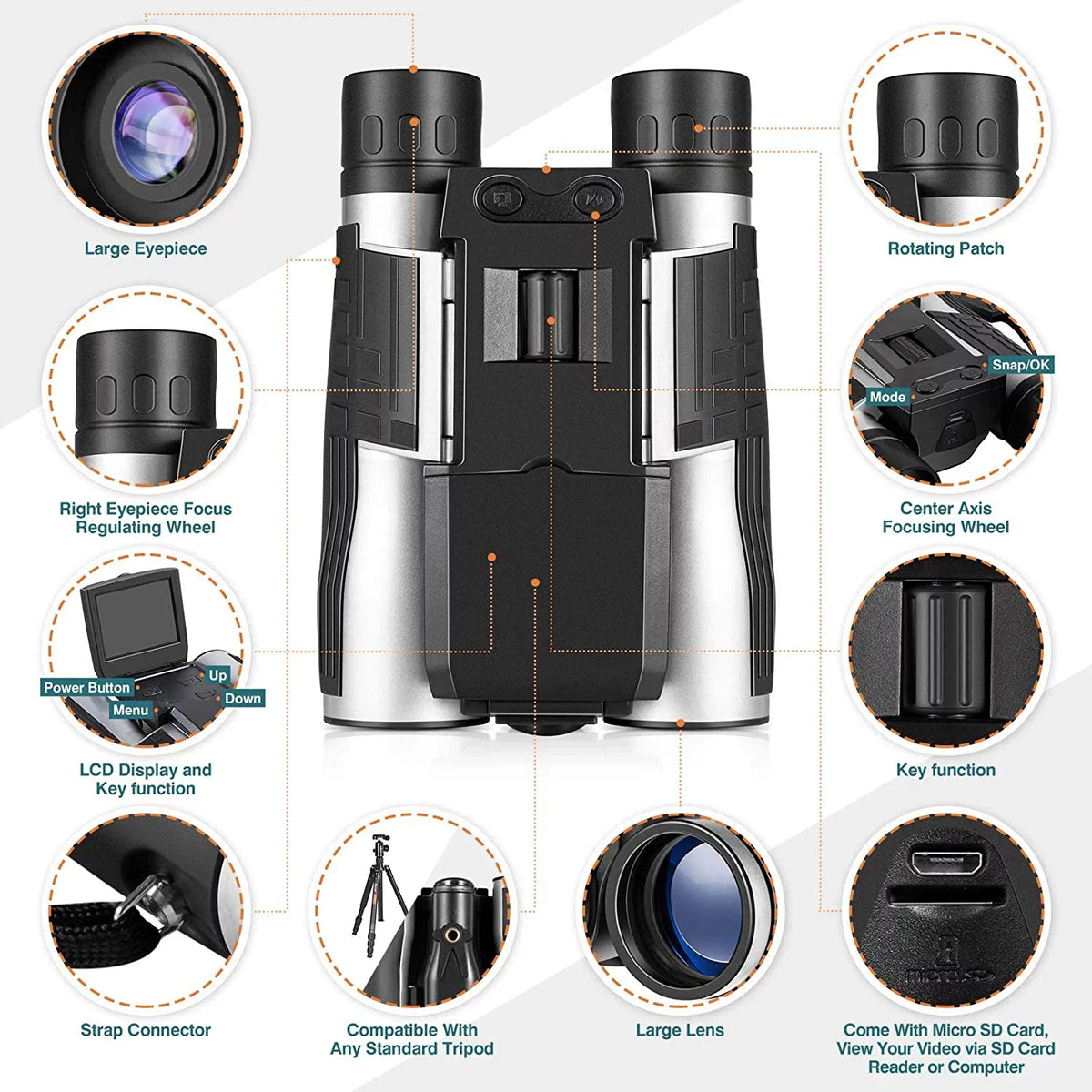 Zoom LCD Watching 2" Binocular Photo Bird with 5M Video Recorder 32GB Camonity Football Camera for Game 12X Digital Camcorder Concert