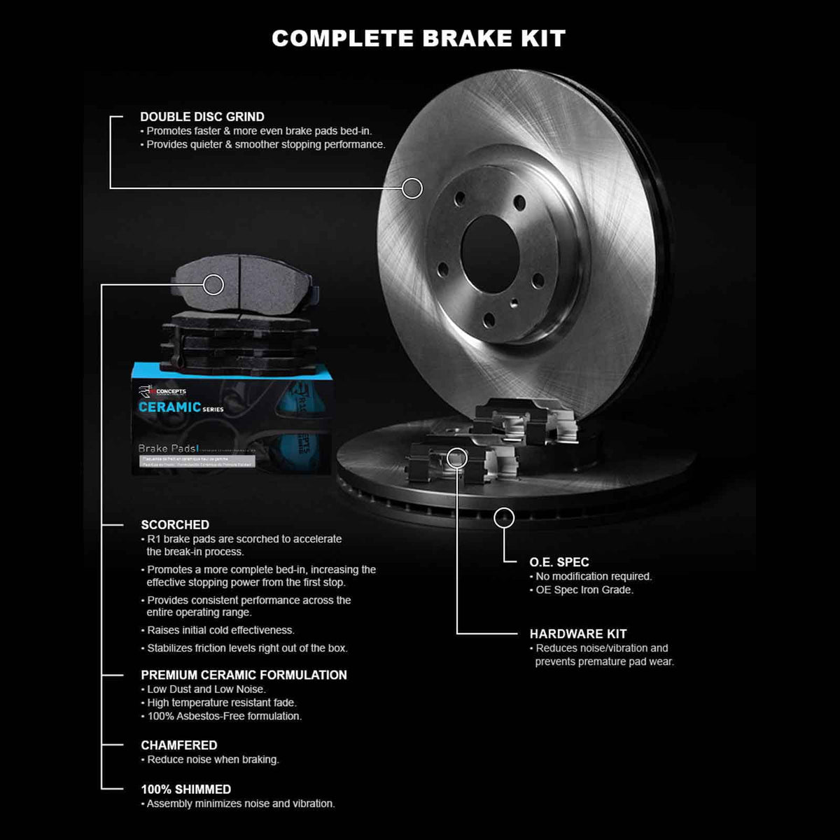 WFWH1-67107 Kit Brake and Pads| |Hardware Kit Rotors Brakes |Front and Brake Pads| and Rotors Concepts R1 Front Rotors Ceramic Pads Brake